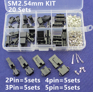 Kabel kopplingar 20 sets Kit i låda 2p 3p 4p 5p 2.54mm