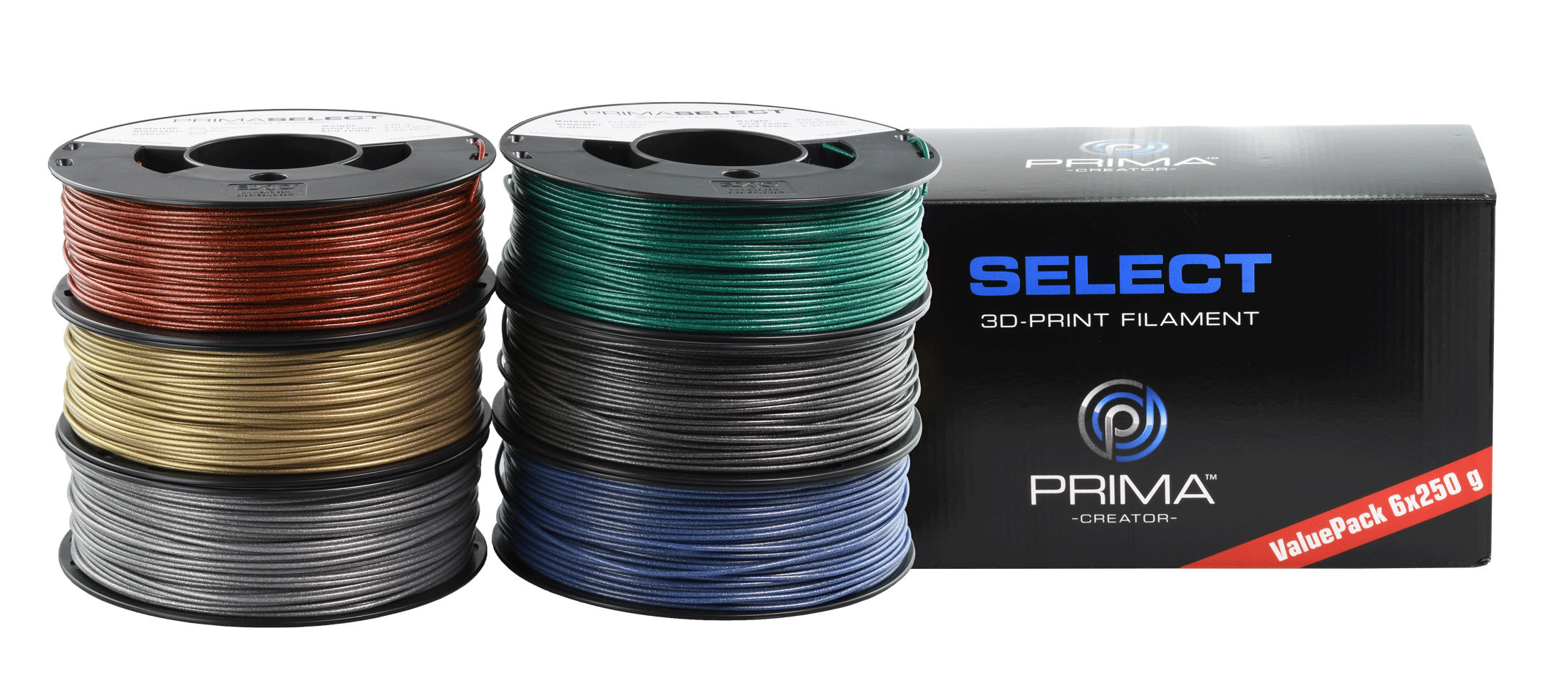 PRIMASELECT PLA - 1.75MM - 6 X 250 G - METALLIC PACK (RED, GREEN, BLUE, SILVER, GOLD, GREY)